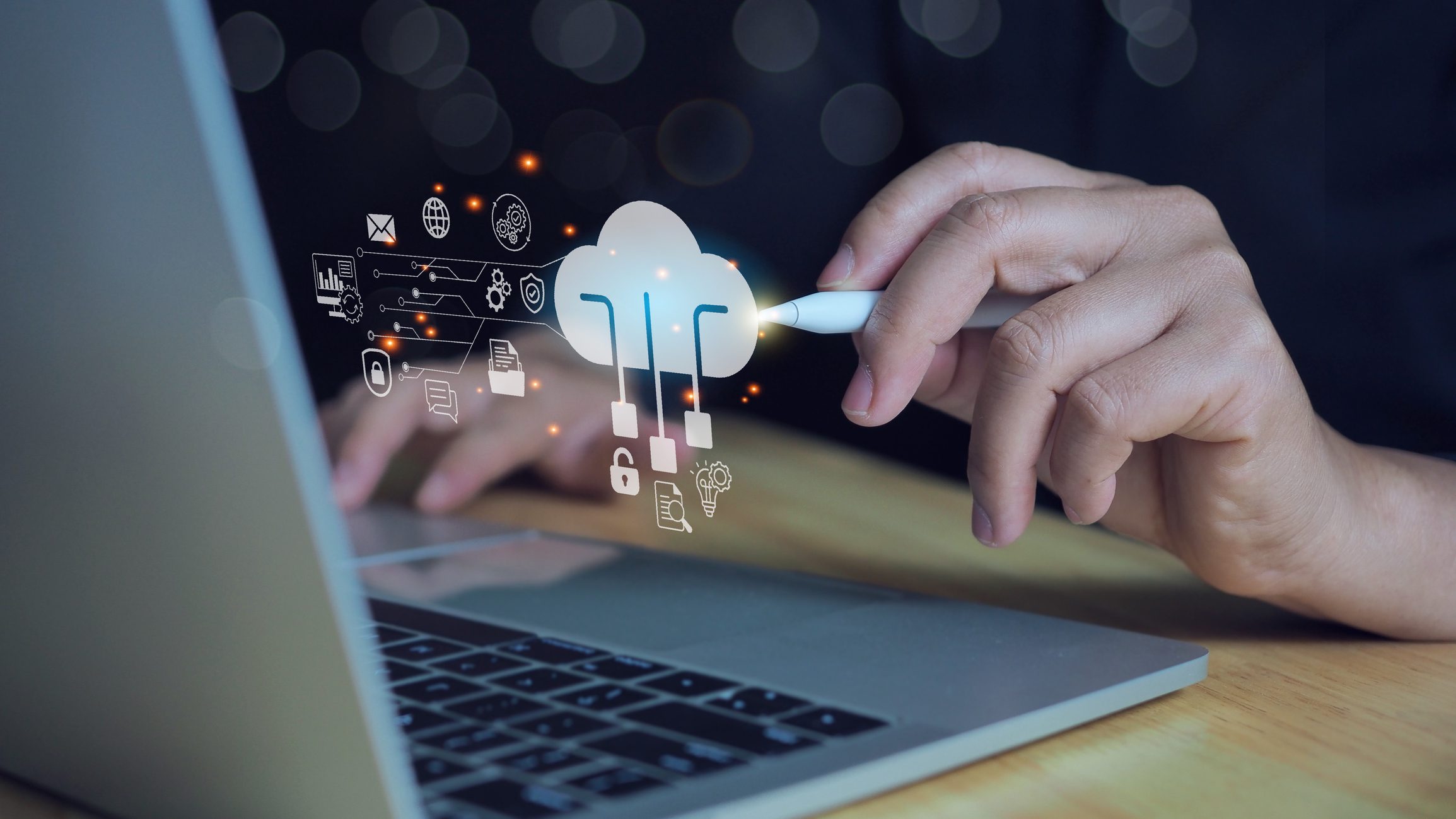 Laptop with cloud storage graphics