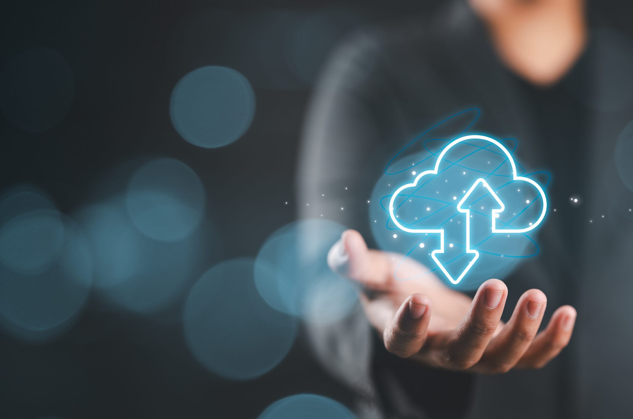 Person presenting cloud technology concept