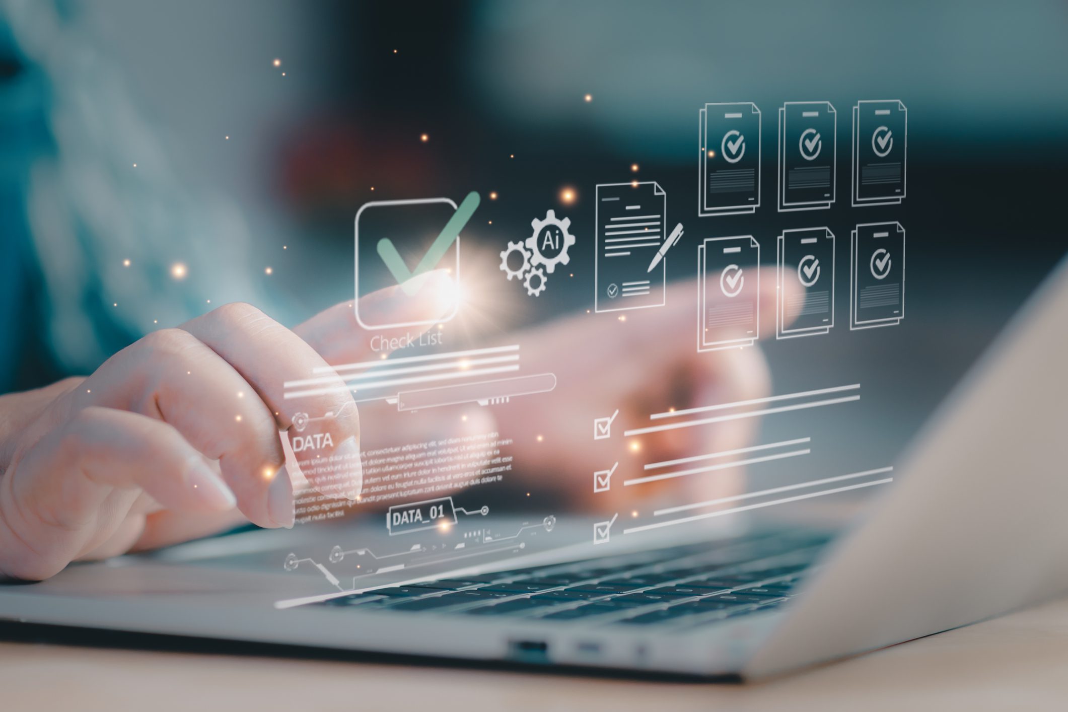 Futuristic digital elements over a laptop keyboard