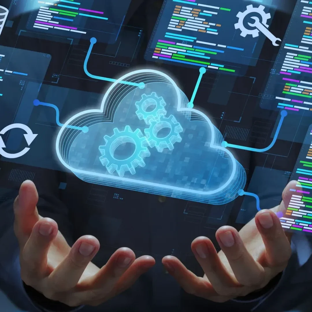 Hands holding a glowing cloud with gears, symbolizing cloud computing.